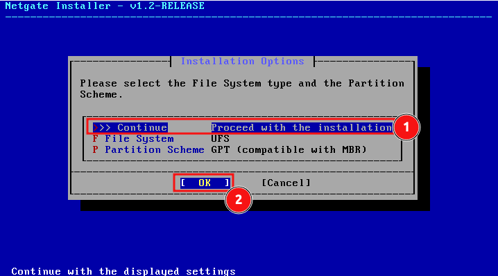 pfSense UFS selected and continue pfSense UFS selected and continue