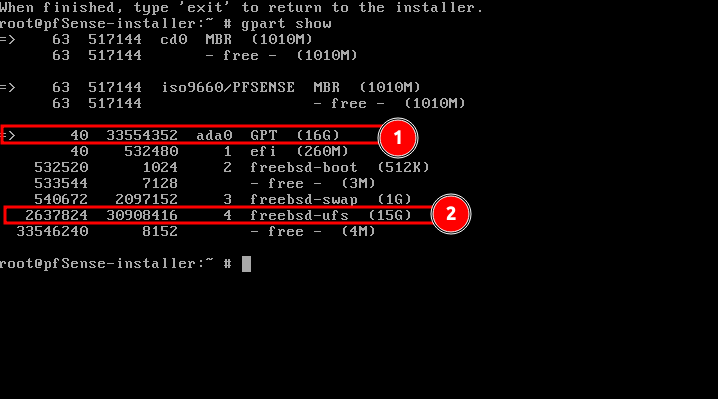pfSense Rescue Shell gpart show pfSense Rescue Shell gpart show