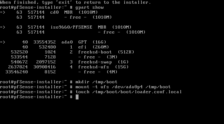 pfSense Rescue Shell mkdir, mount, touch commands pfSense Rescue Shell mkdir, mount, touch commands