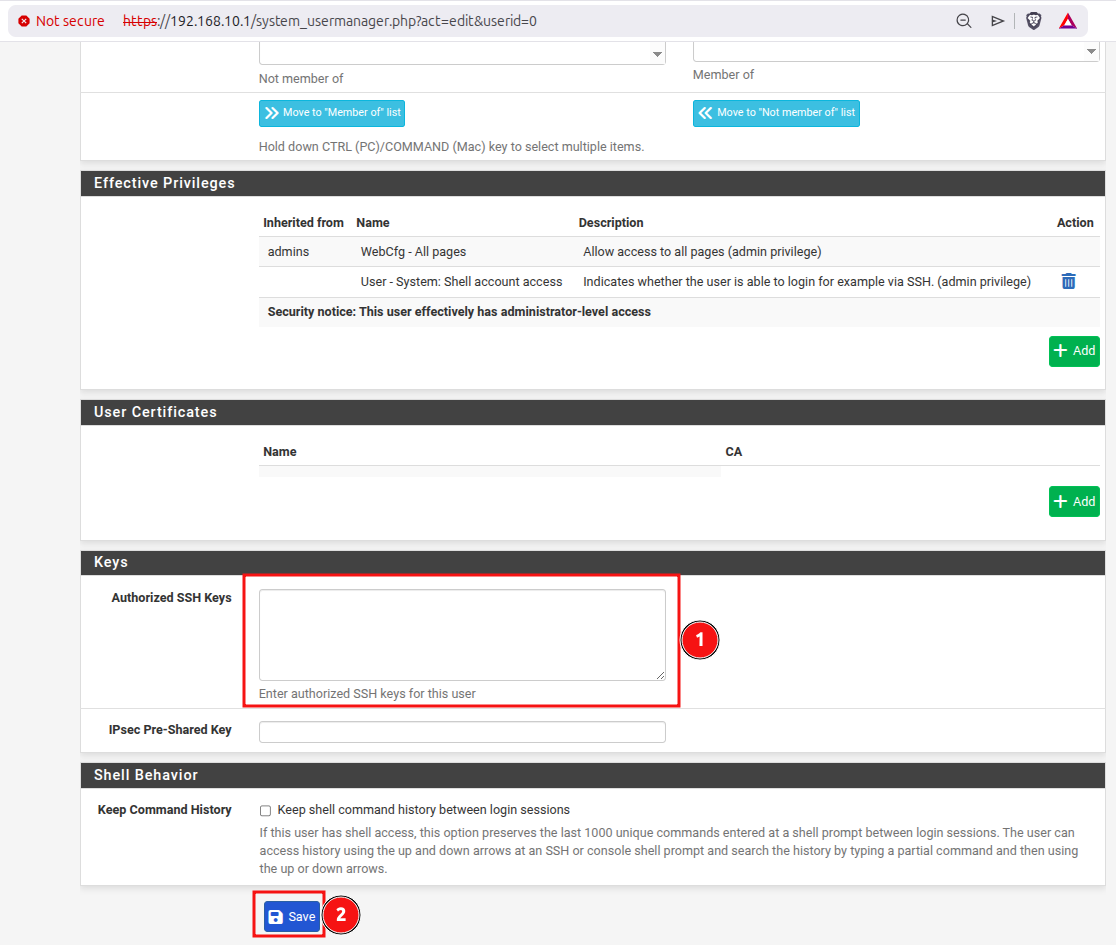 pfSense adding ssh key