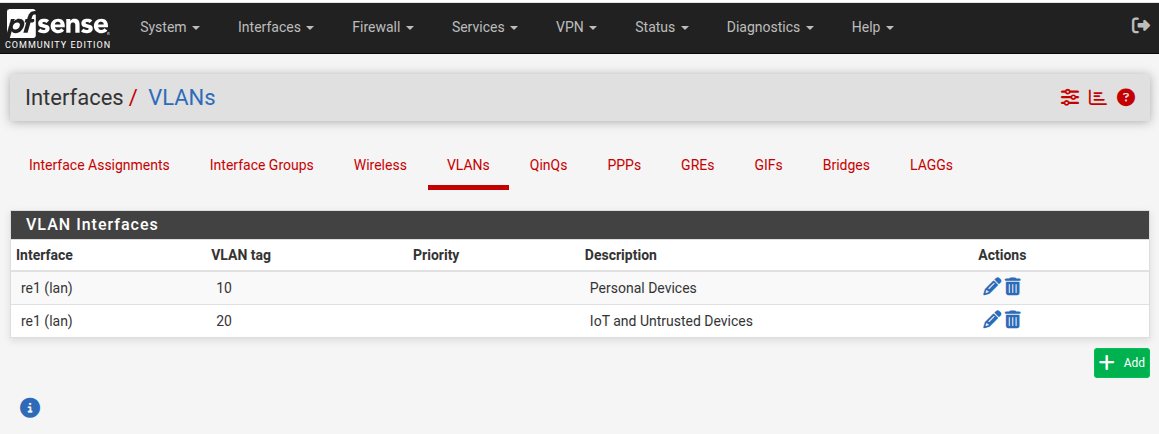 pfSense list of LANs pfSense list of VLANs