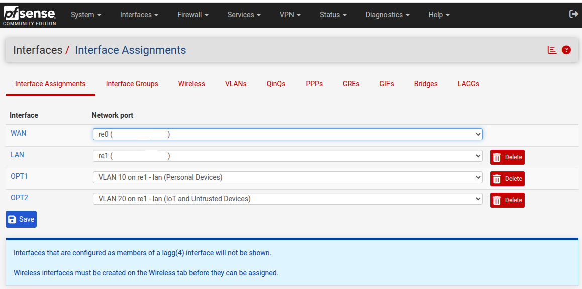 pfSense Interfaces with VLANs assigned pfSense Interfaces with VLANs assigned