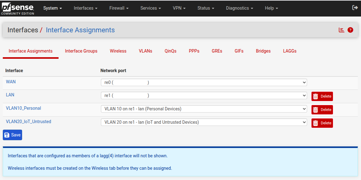 pfSense Interface Assignments completed pfSense Interface Assignments completed